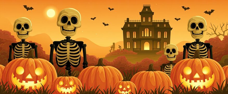 A spooky mansion with glowing jack-o'-lanterns and lively skeletons set against vibrant autumn hues.