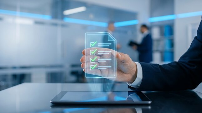 Corporate Quality Assurance Compliance Auditing System Interface with Internal Auditor Verifying Holographic Digital Document Checklist