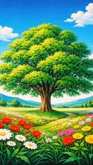 Fototapeta premium Vibrant tree amidst colorful flowers mobile wallpaper