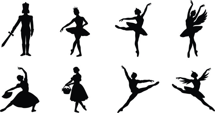 Vector silhouette set of classical ballet dancers, nutcracker soldier, and swan lake characters on white background