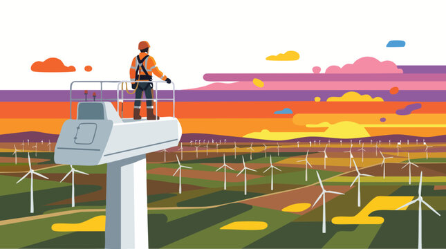 Wind turbine technician on cherry picker at sunset in colorful vibrant illustration for renewable energy