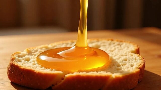 Golden honey cascading onto a slice of rustic bread, creating a rich and inviting texture.