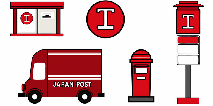 Red Postal Infrastructure Elements Including Mailbox And Delivery Truck