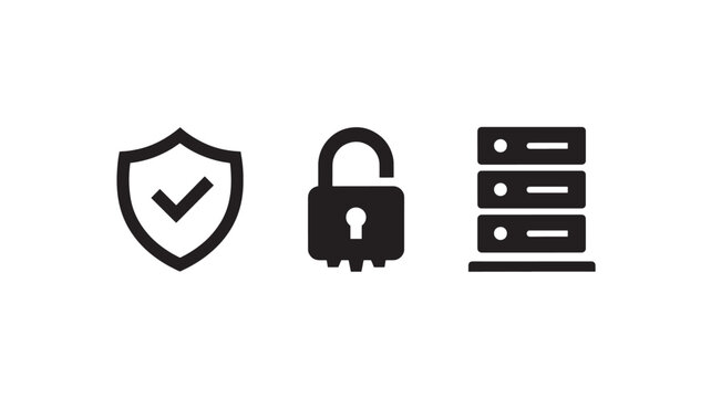 Security icons set with shield checkmark padlock and servers for cybersecurity concepts