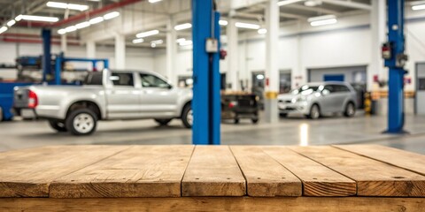 Fototapeta premium Automotive workshop with wooden tabletop, professional garage interior and product display background
