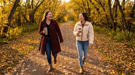 Fototapeta premium Two Young Women Walking and Laughing on Autumn Park Path Holding Coffee Cups for Seasonal Lifestyle Marketing