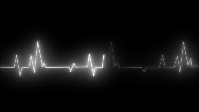 Neon glowing heartbeat animation on black background. Medical ECG electrocardiogram monitor concept.