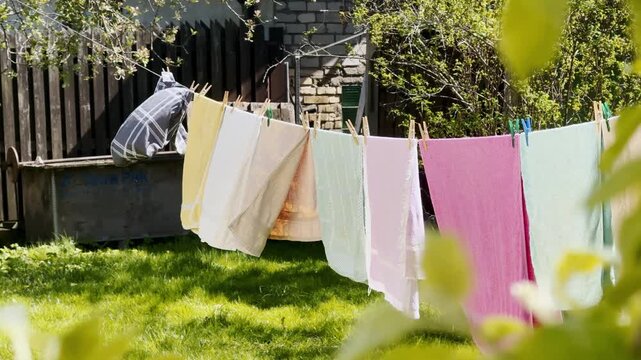 Pastel towels and cloths hang on a backyard clothesline in bright sunlight, drying above green grass with soft leaves in the foreground.
