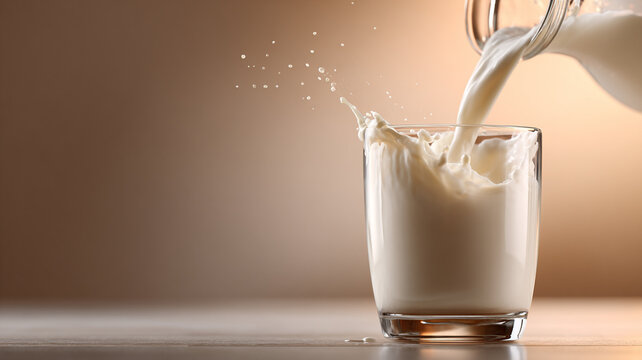 milk pouring smoothly into glass, minimal splash, clean composition, soft warm lighting, warm natural sunlight, wooden table surface