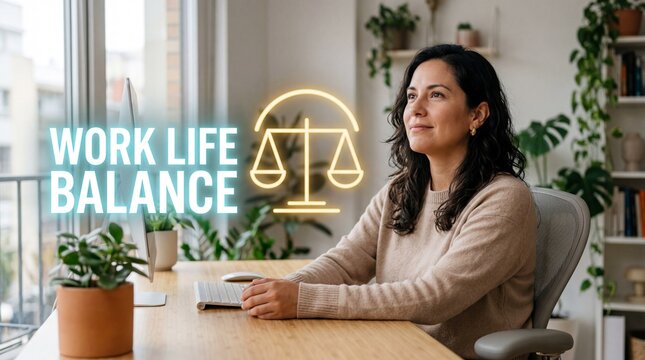 Young Latino Woman Sitting at Desk Looking Up at Work Life Balance Scale Icon in Home Office
