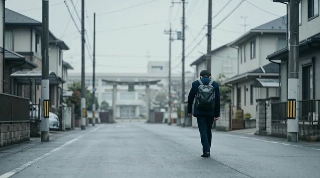 学校に行きたくない高校生の後ろ姿（登校拒否・憂鬱な朝イメージ）