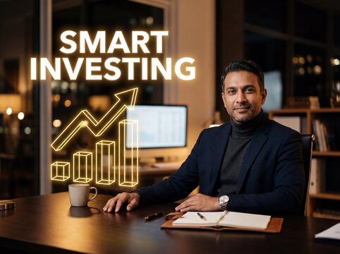 Middle-aged South Asian businessman sits at office desk with glowing growth chart and smart investing text