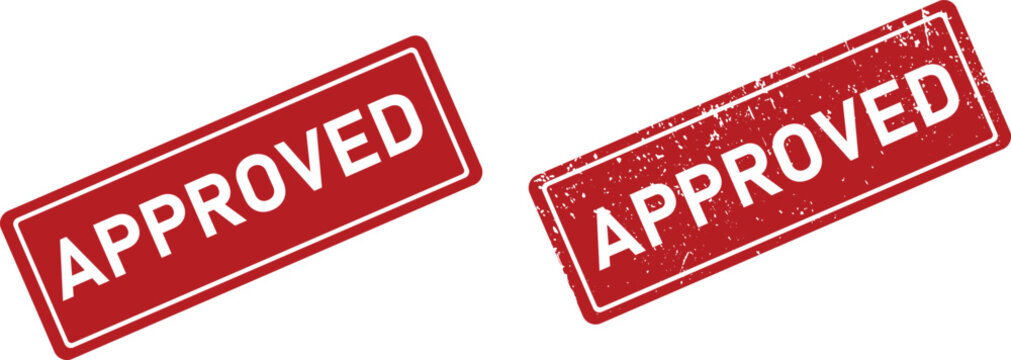 approved and approval stamp badges with red grunge texture and white text vector set