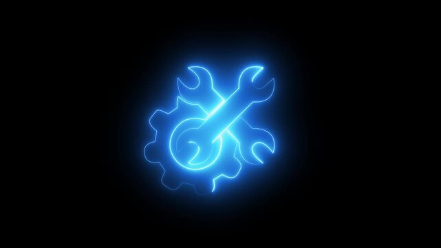 Glowing Blue Neon Gear and Wrench Symbol Abstract Technology Concept Motion Graphic black background.