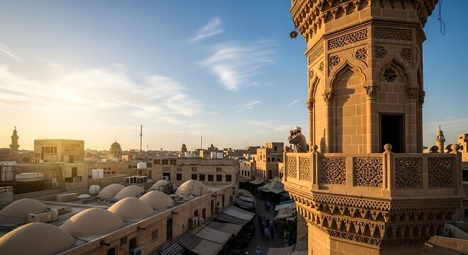 Cityscape view from minaret in el minya egypt at sunset