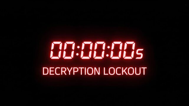 Red Digital Countdown Timer Showing Decryption Lockout System Failure Hacked Warning Message On Black Background