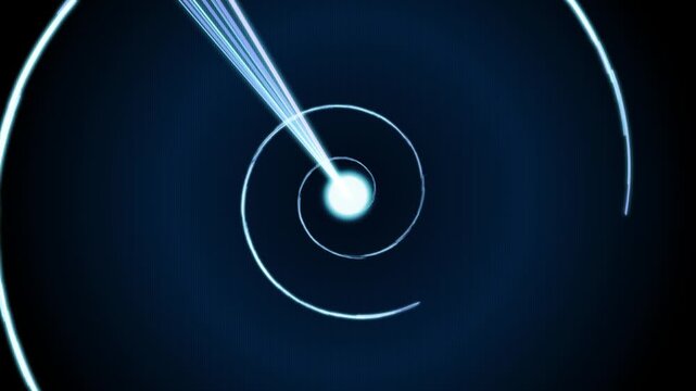 Abstract digital spiral animation with glowing light beams on dark background