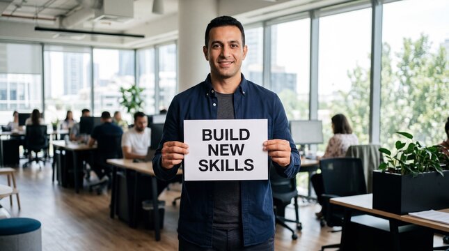 Smiling middle eastern man holding a build new skills sign in a modern open office