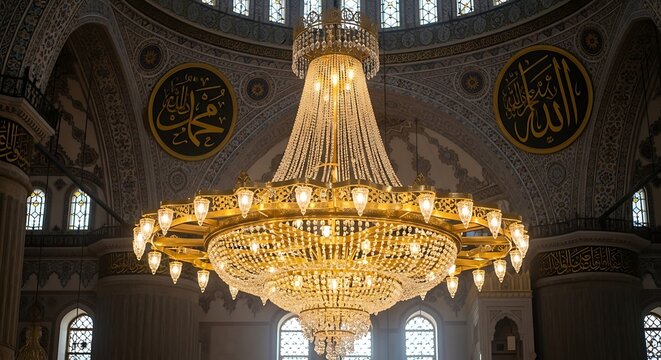 Chandelier inside a mosque with islamic calligraphy