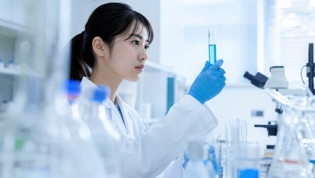 試験管のサンプルを確認する女性研究員のラボワーク