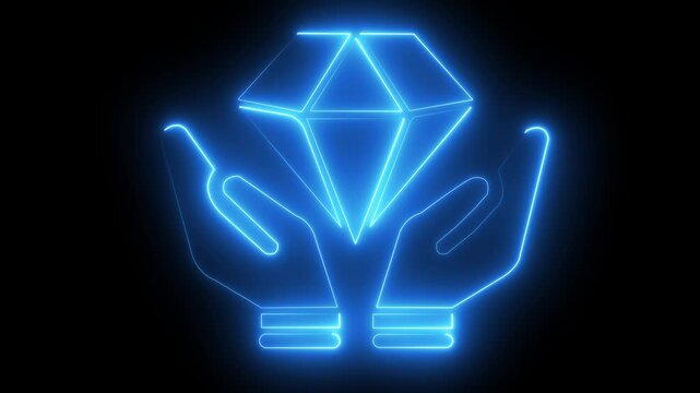 Glowing green and blue neon hands holding diamond icon, symbolizing value trust sustainability luxury, and innovation on a black background. ant 4k video 