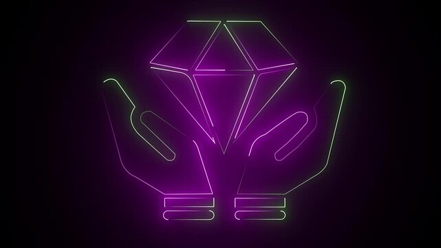 Glowing green and blue neon hands holding diamond icon, symbolizing value trust sustainability luxury, and innovation on a black background. ant 4k video 