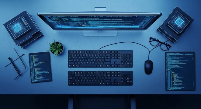 Modern cybersecurity coding workspace with dual keyboards, computer monitor, and essential peripherals