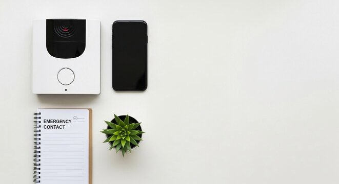 Modern Home Security Alarm System Device with Smartphone and Green Plant on a Clean Desk