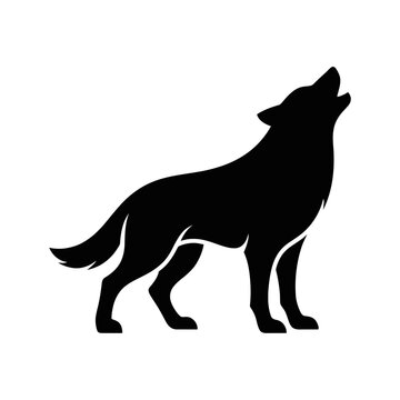 Black wolf silhouette, howling wolf icon, animal symbol, wildlife emblem isolated on White Background Silhouette