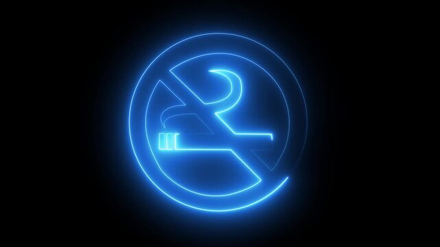 blue neon no smoking sign looping animation with glowing effects on a dark black background, symbolizing health warning, public restriction, and a clear prohibition symbol. 4k video 