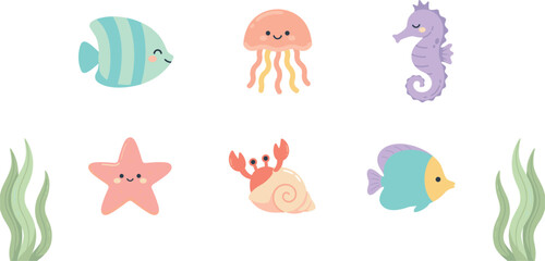 PrintCute Pastel Sea Creature Vector Icon Set Featuring Fish Jellyfish Seahorse Starfish Hermit Crab and Seaweed Graphic Elements for Nursery Kids Designs © Roshidul