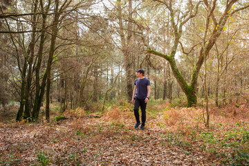 Fototapeta premium Young man walking through forest trail in autumn