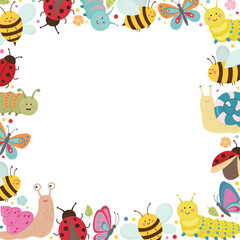 Fototapeta premium Cute summer insects frame template. Border of friendly bees, ladybugs, butterflies, caterpillars and snails with small flowers, leaves and dots. 