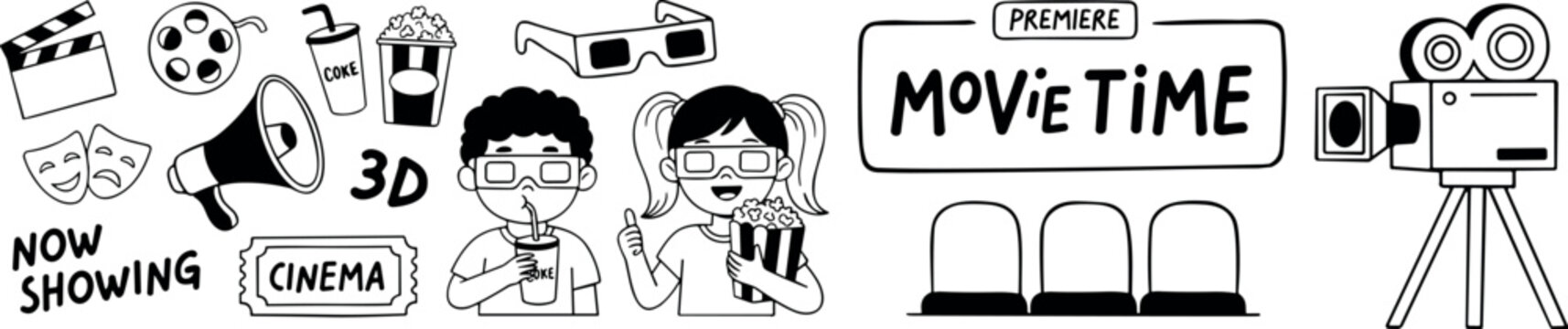 Collection of handdrawn cinema elements including popcorn drinks 3D glasses and movie cameras