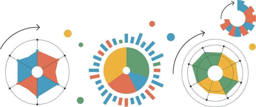 PrintAbstract Infographic Data Visualization Elements Set with Radar Charts Bar Graphs and Pie Diagrams for Business Reports and Corporate Presentations