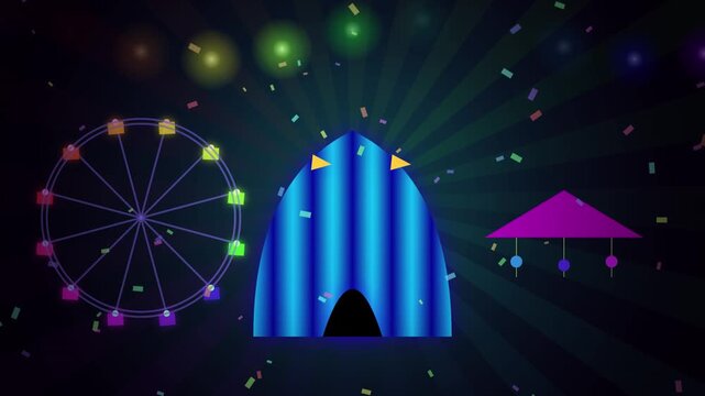 Abstract Carnival Icons Rotating with Falling Confetti Background