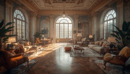 Fototapeta premium Luxurious Classic Living Room Interior with Ornate Architecture and Warm Sunlight.