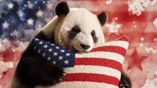 Adorable Panda Hugging American Flag Pillow - An adorable panda is seen embracing a pillow designed like an American flag, set against a soft watercolor background of red and blue with white stars.