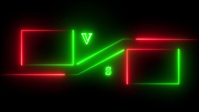 Neon versus icon animation glowing red and green color letter vs v and s sport game match challenge team fight competition sign symbol on black background ant 4k video