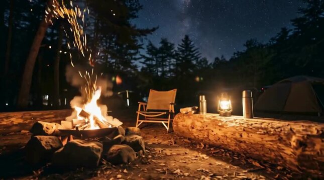 星空の下での焚き火とキャンプの夜