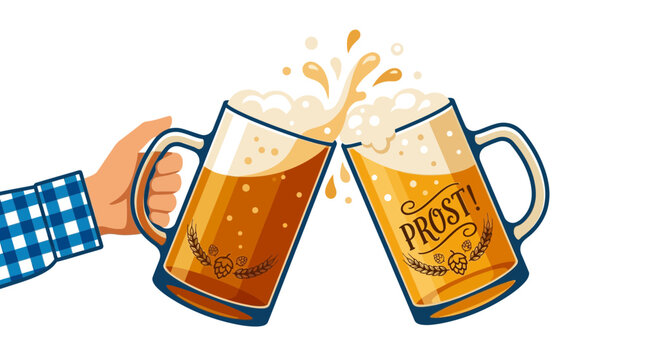 Cheers! Two Beer Mugs Toasting with Foam and Splashes, Prost!
