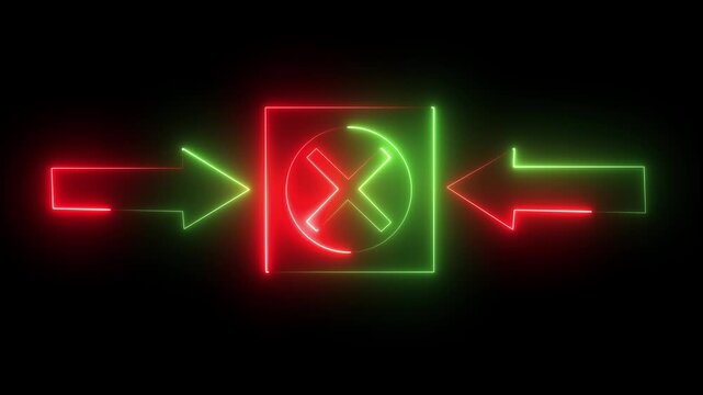 Cross with two arrows icon animation glowing neon red and blue color wrong no cancel circle rectangle round rotation information direction signal sign symbol on black background. 