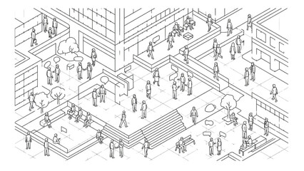 Obraz premium Isometric Smart City People Vector – Urban Business District with Walking, Meeting and Social Interaction Scene