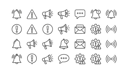 Fototapeta premium Minimal Notification and Alert Line Icons Set – Bell, Megaphone, Warning, Message, Email and System Status Symbols