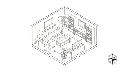 Fototapeta premium Modern Isometric Home Interior Scene – Living Room Furniture, Decorative Plants and Storage Shelves Illustration