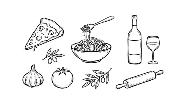 Hand Drawn Italian Food Icons Pack &ndash; Pizza, Spaghetti, Wine Bottle, Chef Hat and Mediterranean Cooking Ingredients