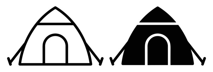 Black and white camping tent icons with two different fill styles for outdoor adventure and travel design on transparent background © Ярослав Дацко