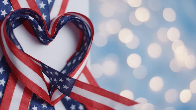 Heart Shape American Flag Ribbons with Bokeh Lights - A close-up shot shows ribbons patterned with the American flag meticulously forming a heart shape.