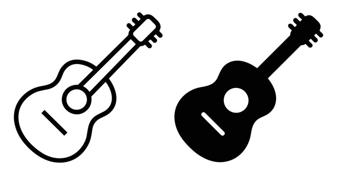 Black and white silhouette icons of acoustic guitars on a white background on transparent background