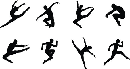 Solid black vector silhouette collection of modern contemporary dancers leaping and jumping isolated on white background © MdBabul